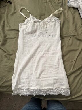Y2K Marquise Ivory Lace-Trim Camisole Slip with Script Rhinestones